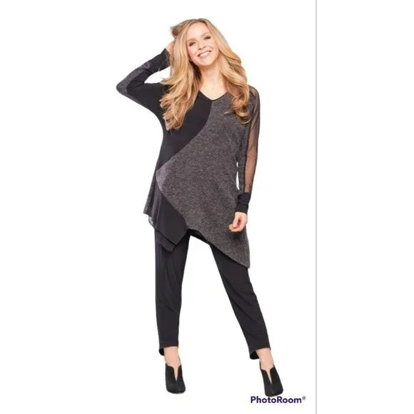 Sympli Tangent Tunic Sweater Mixed Media Lagenlook Hem Mesh Sleeve Knit Top 6-8 - Picture 2 of 12